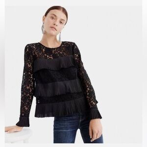 NWT J Crew Tiered Black Lace Top w/ Fringe Pleats Size 4
